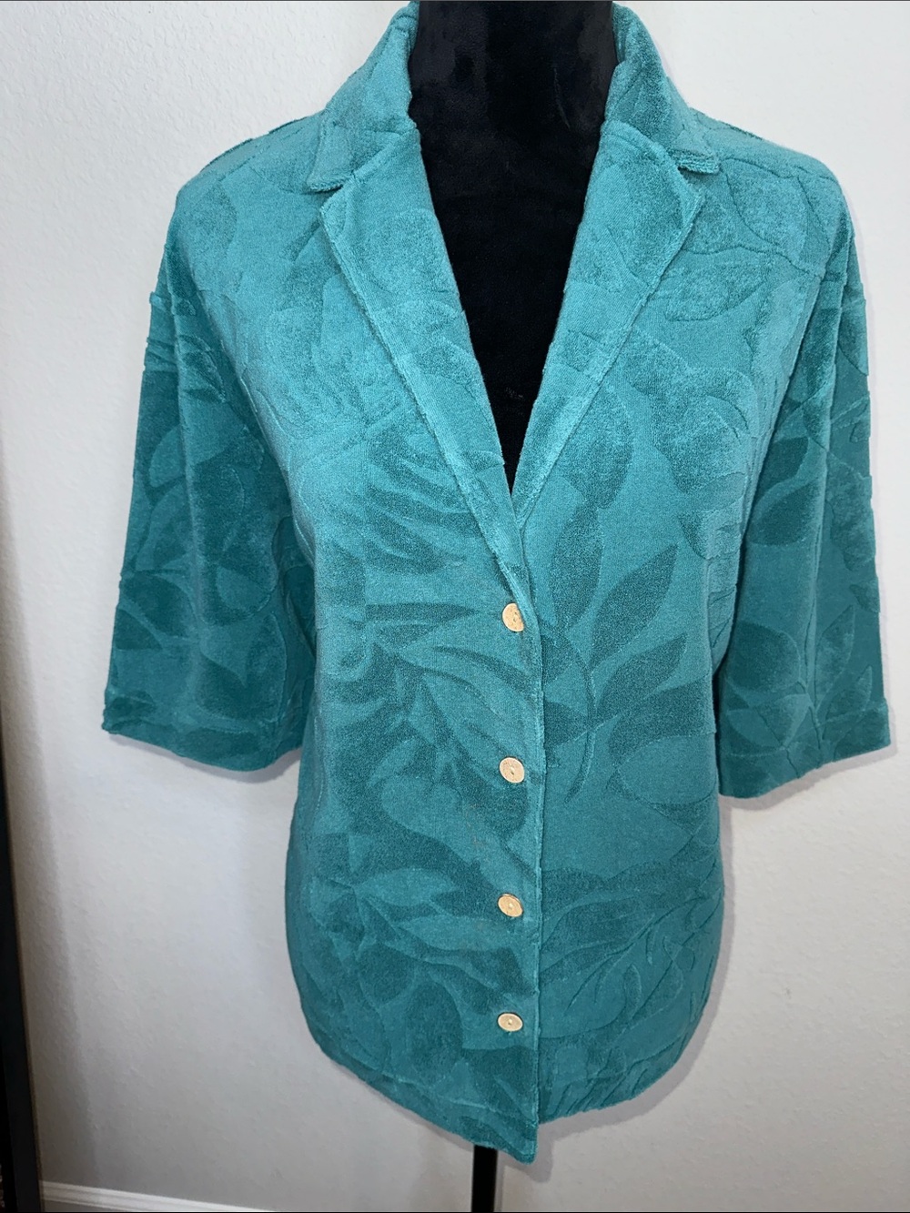 Faherty Teal Jacquard Notched Collar Short-Sleeve Button Down
